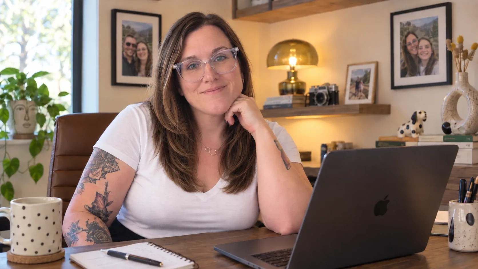 Tiffany Russell at her desk in the elefox studio, coffee mug and laptop in front of her