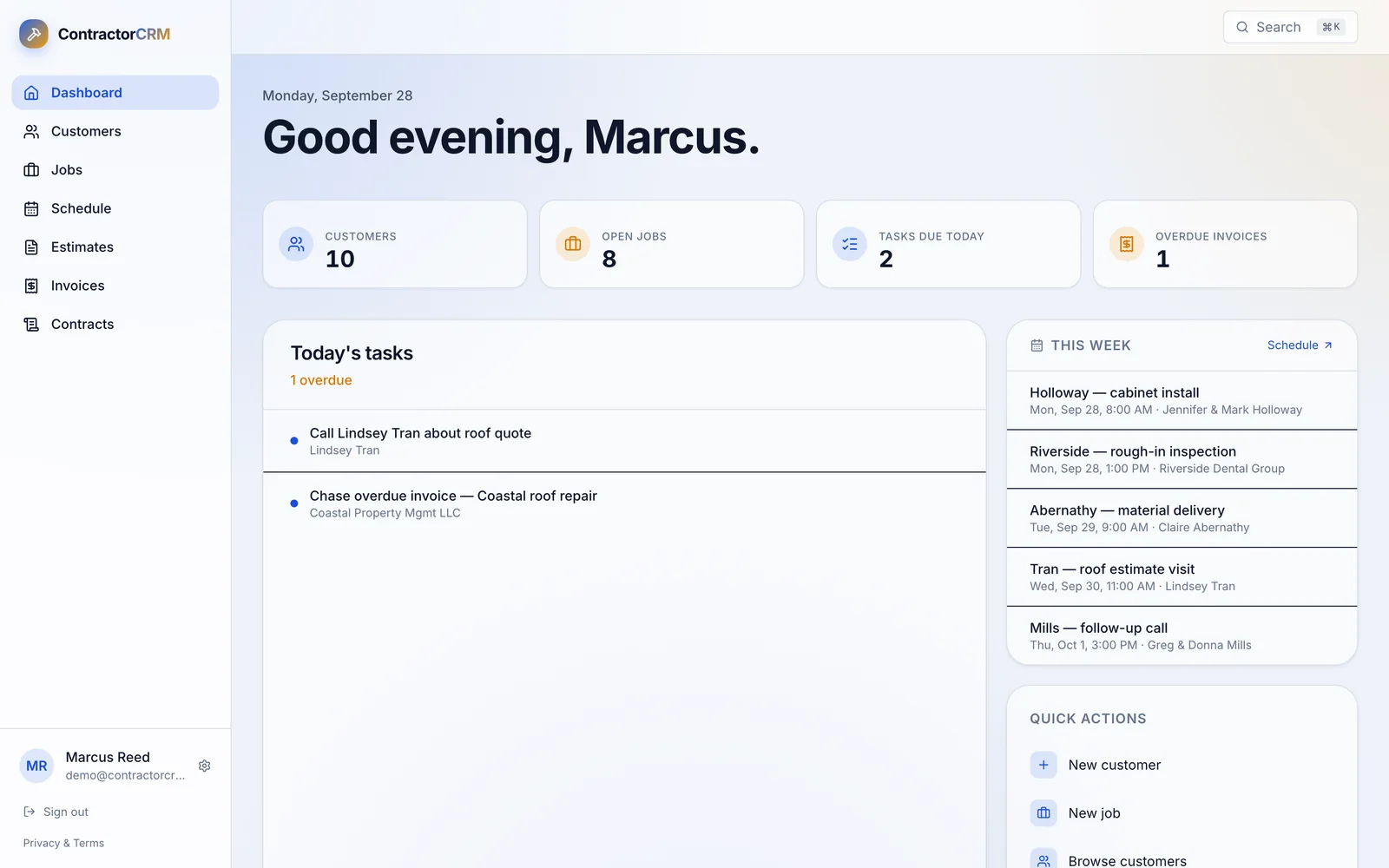 Contractor CRM screen 1