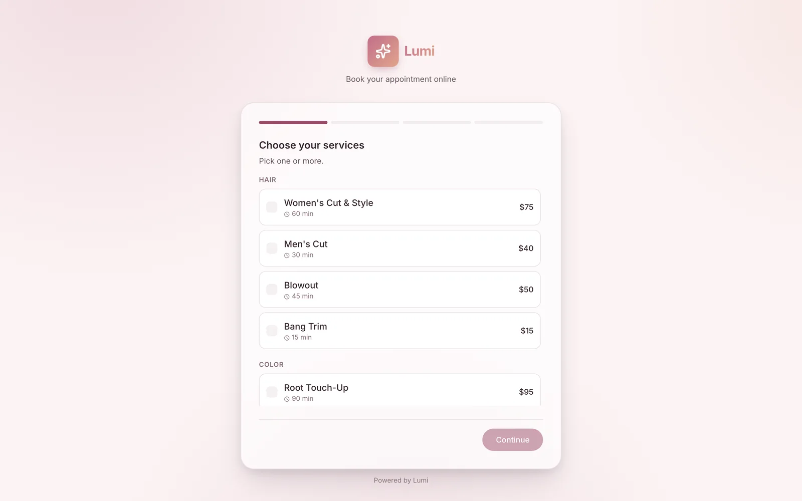 Lumi Salon screen 2
